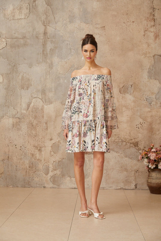 Kimora White Floral Mini Dress with Rhinestone Embellishments
