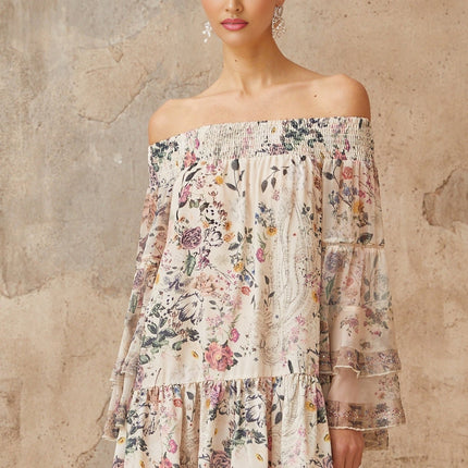 Kimora White Floral Mini Dress with Long Puff Sleeves and Rhinestone Embellishments