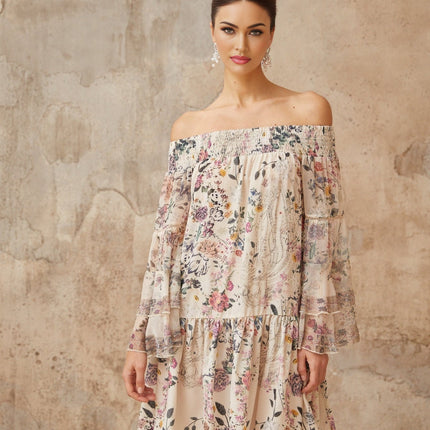 Kimora White Floral Mini Dress with Long Puff Sleeves and Rhinestone Embellishments