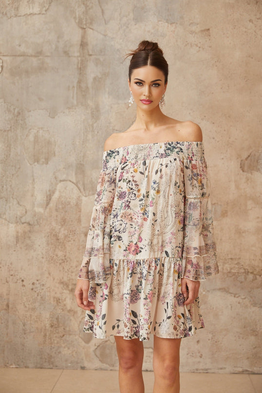 Kimora White Floral Mini Dress with Long Puff Sleeves and Rhinestone Embellishments