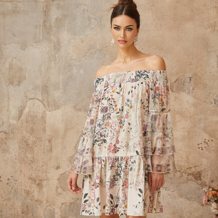 Kimora White Floral Mini Dress Terylene Smocked Puff Sleeve Rhinestone Embellished