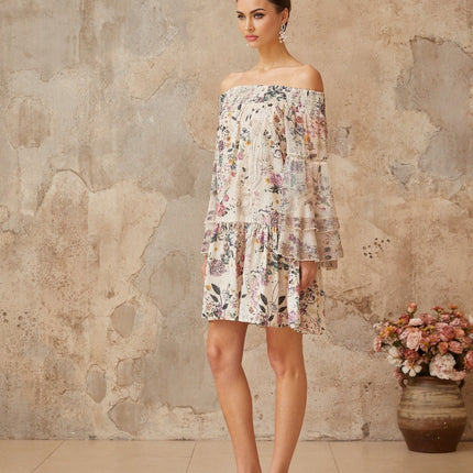 Kimora White Floral Mini Dress with Long Puff Sleeves and Rhinestone Embellishments
