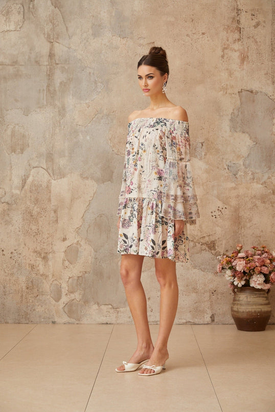 Kimora White Floral Mini Dress with Long Puff Sleeves and Rhinestone Embellishments