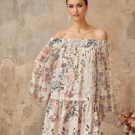 Kimora White Floral Mini Dress with Long Puff Sleeves and Rhinestone Embellishments