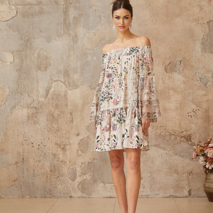 Kimora White Floral Mini Dress Terylene Fiber Long Puff Sleeves Smocked Rhinestone Embellishments Slip-On Style