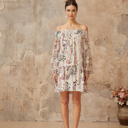 Kimora White Floral Mini Dress with Long Puff Sleeves and Rhinestone Embellishments