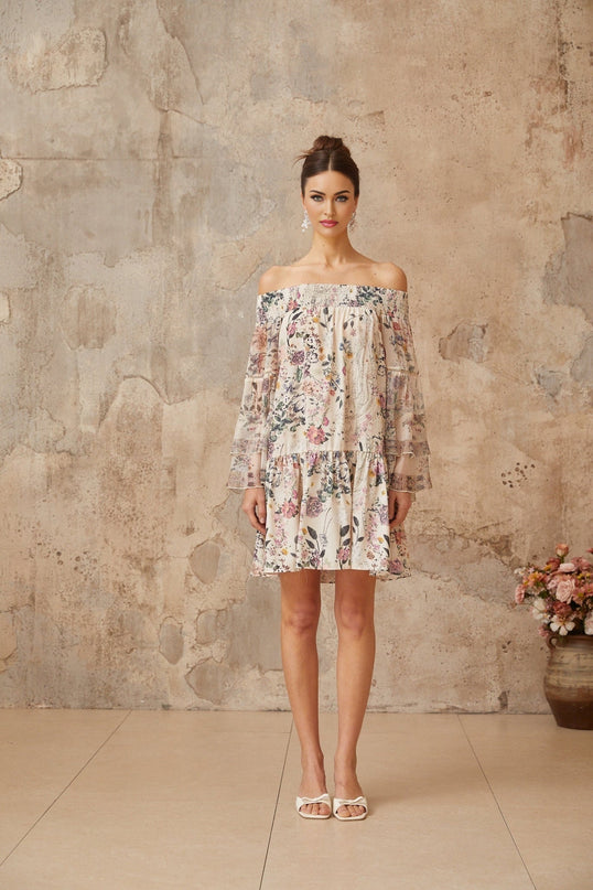 Kimora White Floral Mini Dress with Long Puff Sleeves and Rhinestone Embellishments