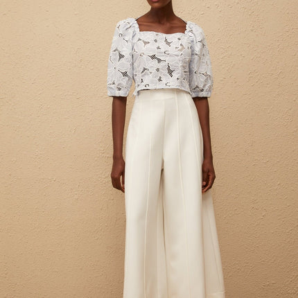 Kirsti Blue Crochet Floral Jacquard Crop Top