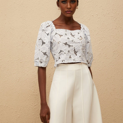 Kirsti Blue Crochet Floral Jacquard Crop Top