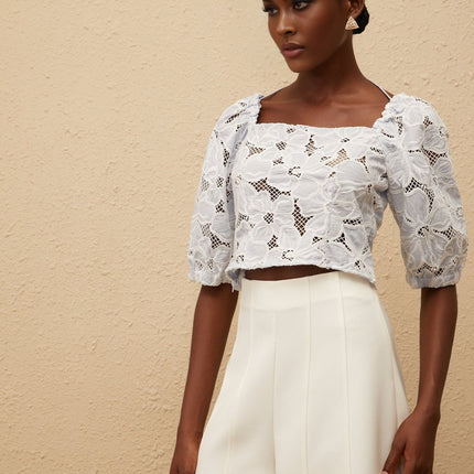 Kirsti Blue Crochet Floral Jacquard Crop Top
