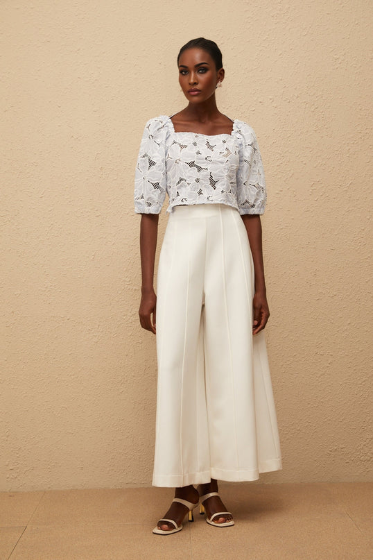 Kirsti Blue Crochet Floral Jacquard Crop Top