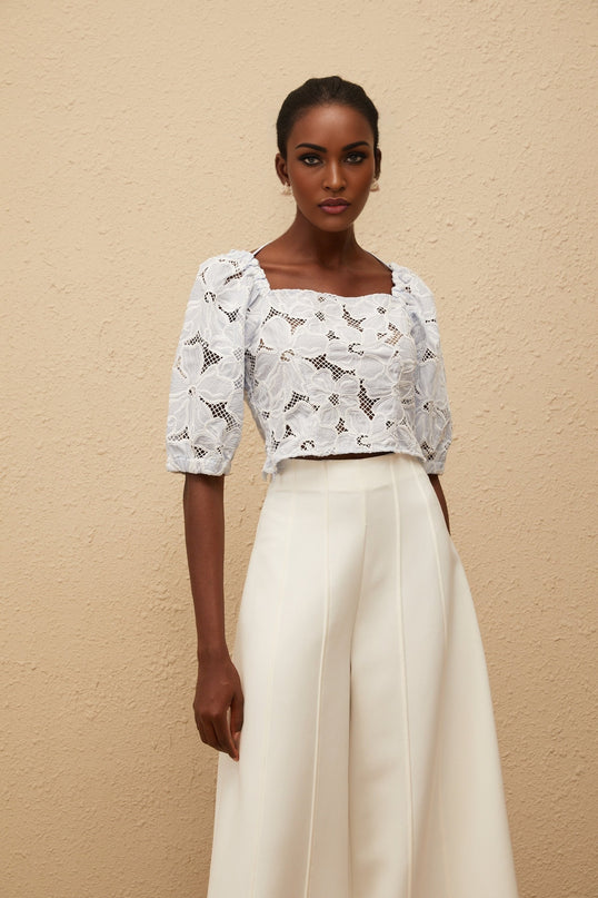 Kirsti Blue Crochet Floral Jacquard Crop Top