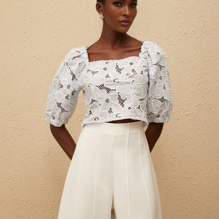 Kirsti Blue Crochet Floral Jacquard Crop Top