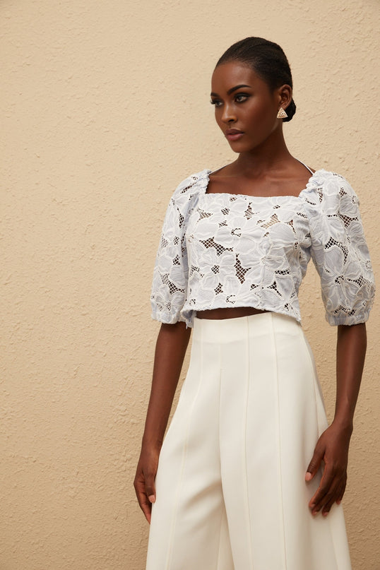 Kirsti Blue Crochet Floral Jacquard Crop Top