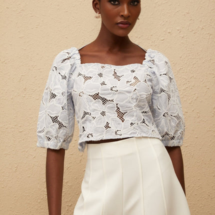 Kirsti Blue Crochet Floral Jacquard Crop Top