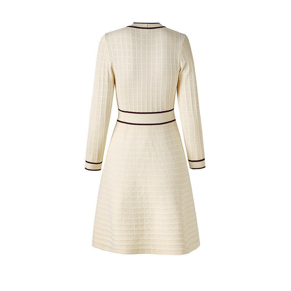 Knit A - Line Dress with Contrast Piping and Bow - Tie Detail - Beige