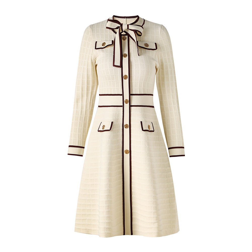 Knit A - Line Dress with Contrast Piping and Bow - Tie Detail - Beige