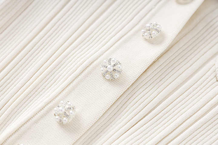 Knit Dress with Button - Down Design & Pockets - White