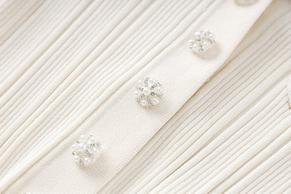 Knit Dress with Button - Down Design & Pockets - White