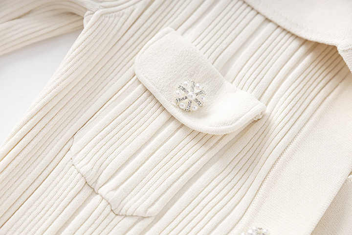 Knit Dress with Button - Down Design & Pockets - White
