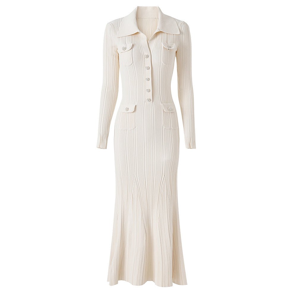 Knit Dress with Button - Down Design & Pockets - White