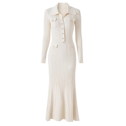Knit Dress with Button - Down Design & Pockets - White