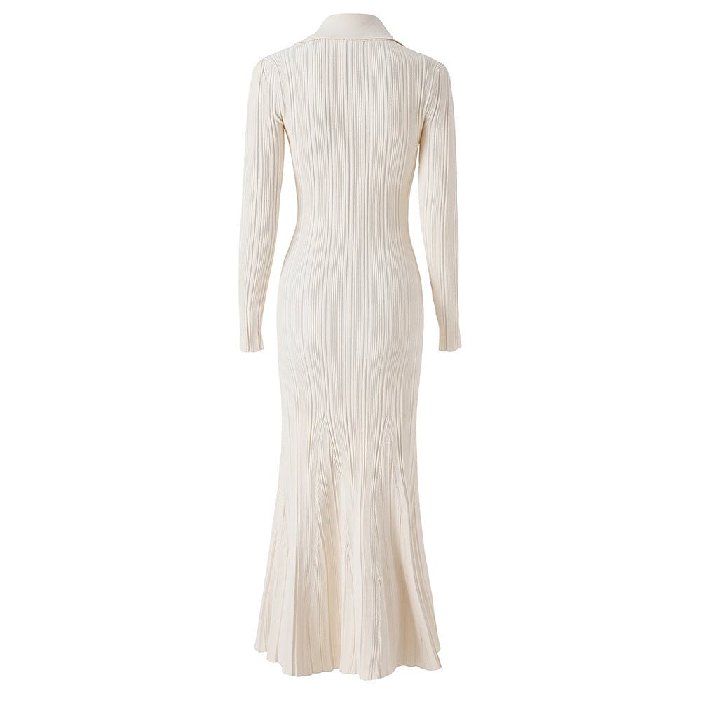 Knit Dress with Button - Down Design & Pockets - White