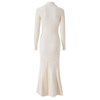Knit Dress with Button - Down Design & Pockets - White