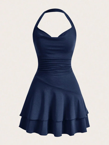 Knitted Halter Neck Slim Fit Womens Bodycon DressSummer DressesSun Dress Spring Clothes in Navy Blue