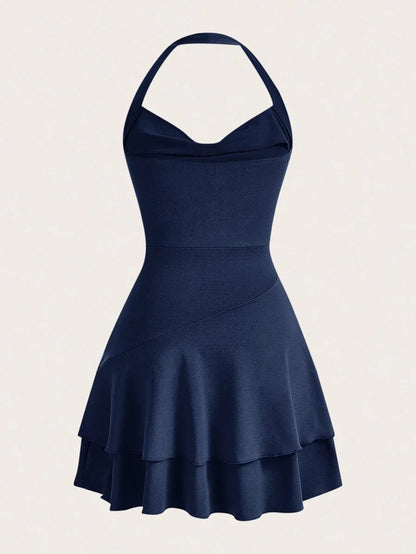 Knitted Halter Neck Slim Fit Womens Bodycon DressSummer DressesSun Dress Spring Clothes in Navy Blue