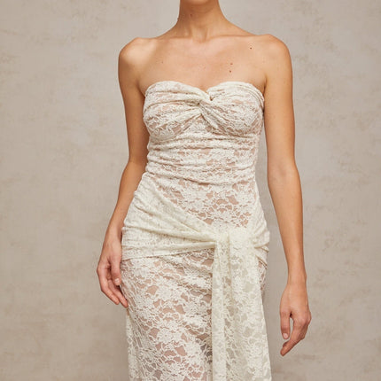 Kylie White Floral Lace Embroidered Bustier Midi Dress