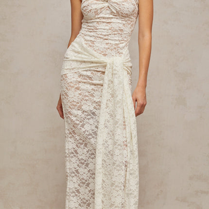 Kylie White Lace Midi Dress with Bustier Style and Ruched Detailing