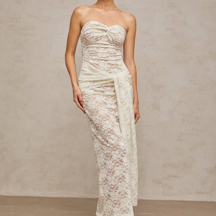 Kylie White Lace Midi Dress with Bustier Style and Ruched Detailing