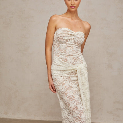 Kylie White Lace Midi Dress with Bustier Style and Ruched Detailing