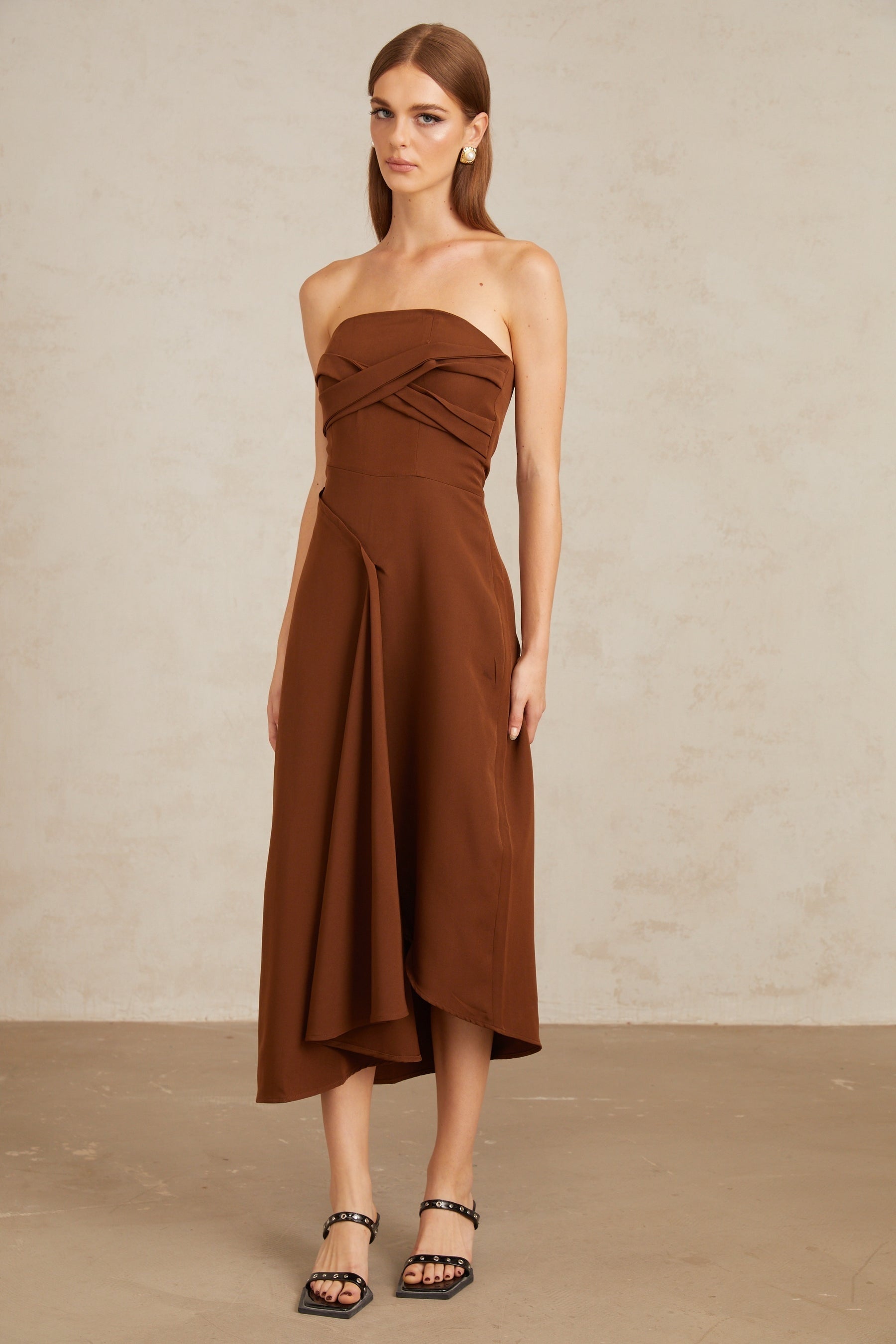 Kyliegh Brown Asymmetrical OffShoulder Midi Dress