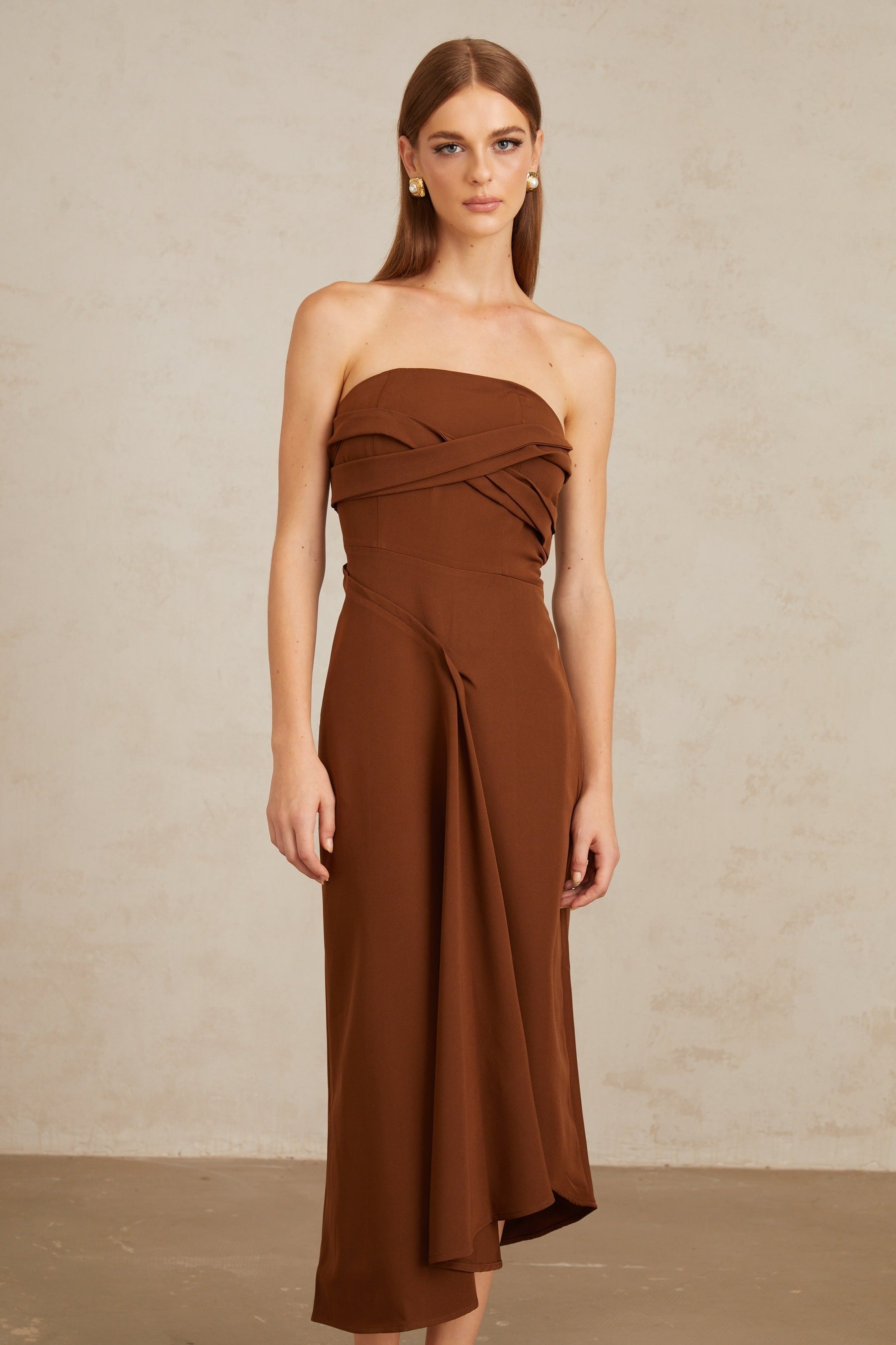Kyliegh Brown Asymmetrical OffShoulder Midi Dress