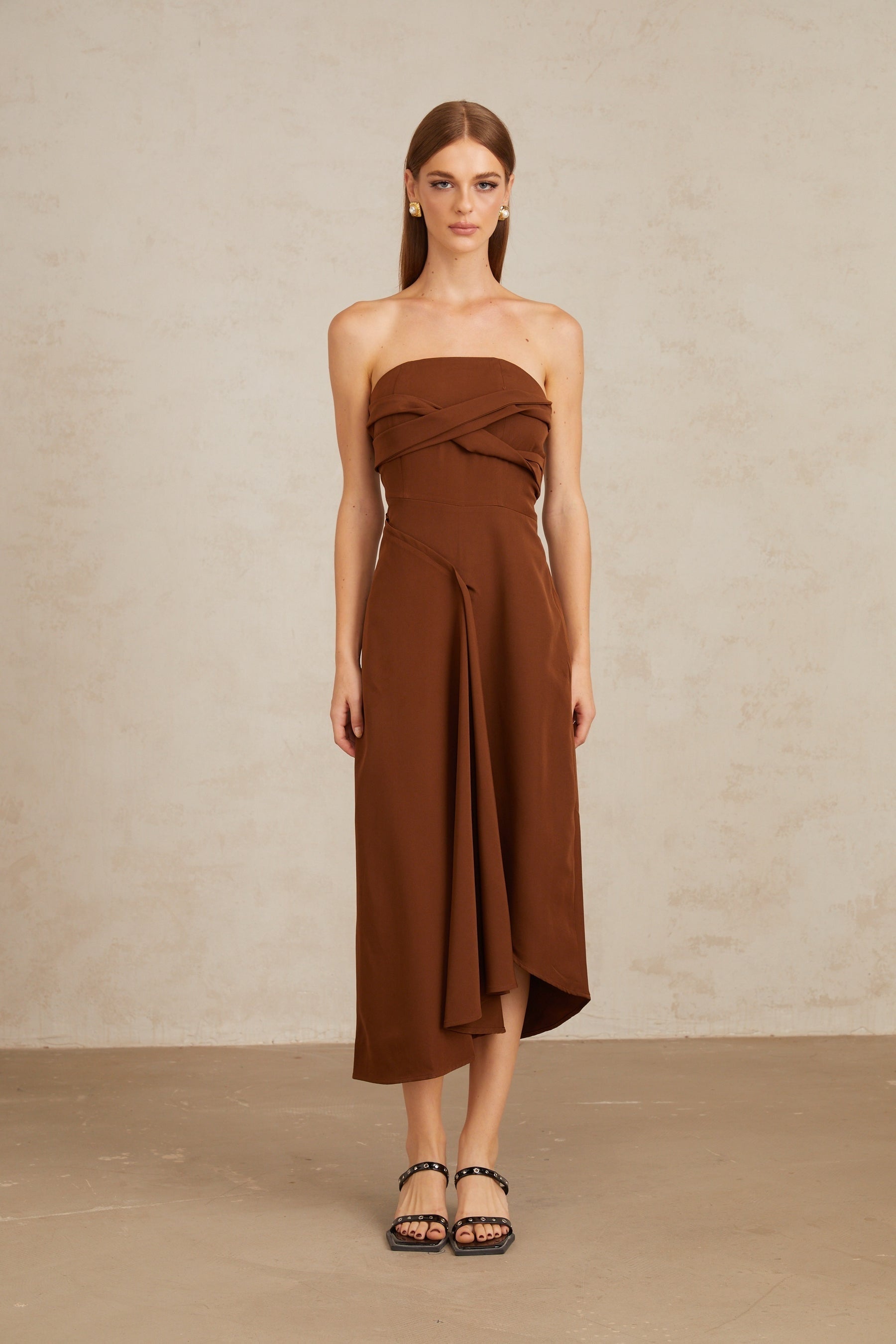 Kyliegh Brown Asymmetrical OffShoulder Midi Dress