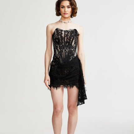 Kylitha Black Lace Mini Dress with Spaghetti Closure and Bow Accent