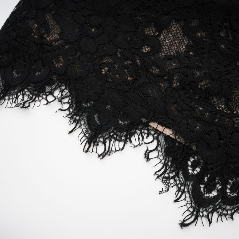 Kylitha Black Lace Trim Mini Dress with Spaghetti Closure Off-the-Shoulder Silhouette and Bow Accent