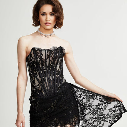 Kylitha Black Lace Trim Mini Dress Spaghetti Closure Bow Accent Cut-Out Design Off-The-Shoulder Silhouette Sleeveless Strapless 100% Polyester