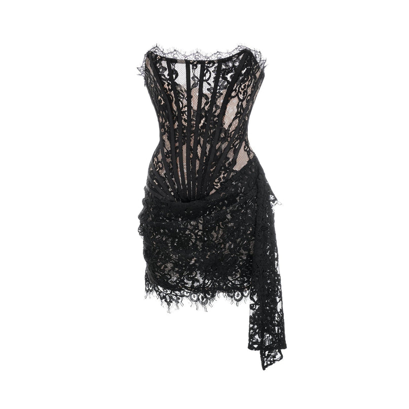 Kylitha Black Lace Trim Mini Dress Spaghetti Closure Bow Accent Off-the-Shoulder Cut-Out Design