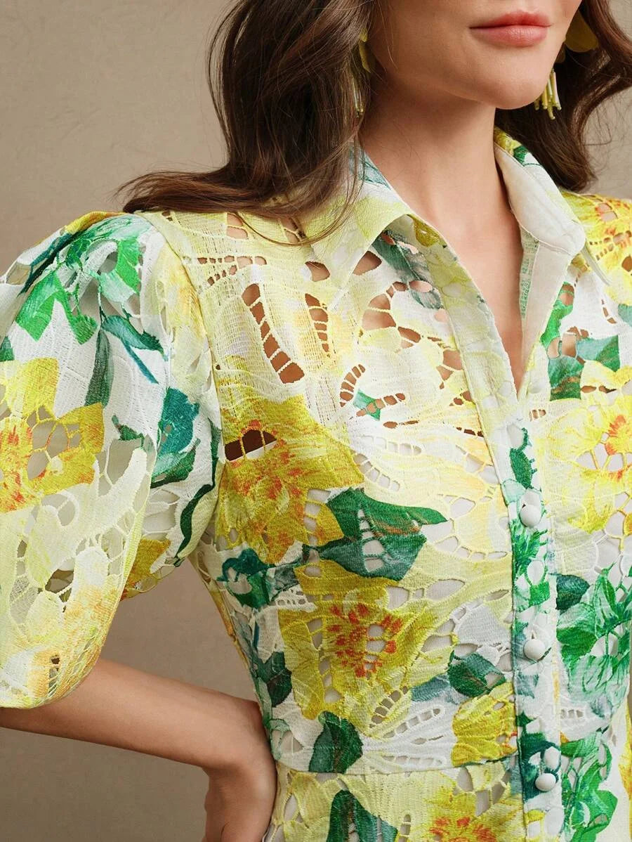 Lace Floral Print Puff Sleeve Shirt Collar Elegant Vacation Short Dress Valentines Day Summer