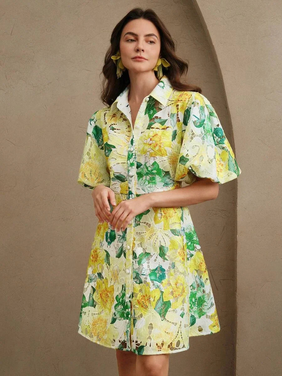 Lace Floral Print Puff Sleeve Shirt Collar Elegant Vacation Short Dress Valentines Day Summer