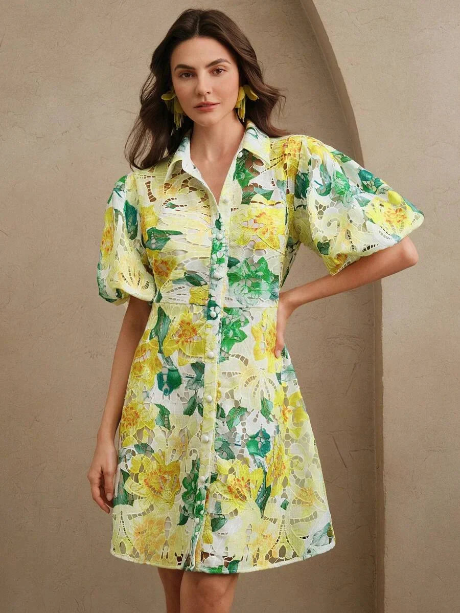 Lace Floral Print Puff Sleeve Shirt Collar Elegant Vacation Short Dress Valentines Day Summer