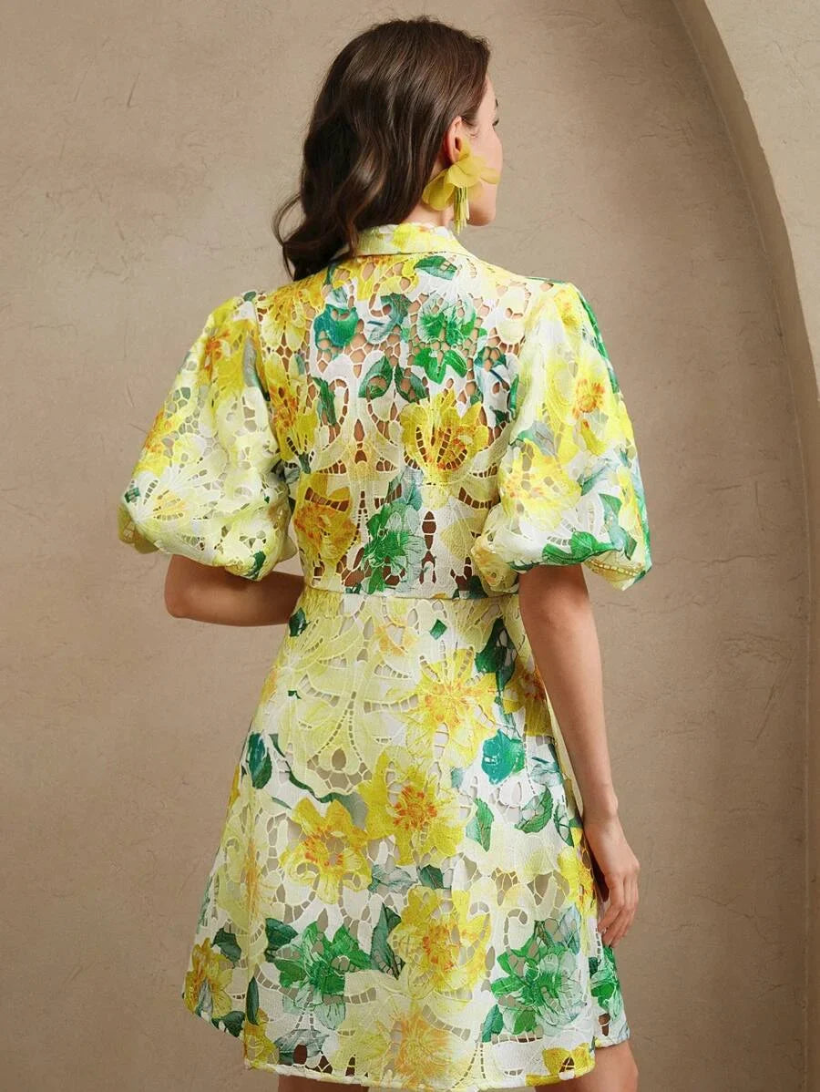 Lace Floral Print Puff Sleeve Shirt Collar Elegant Vacation Short Dress Valentines Day Summer