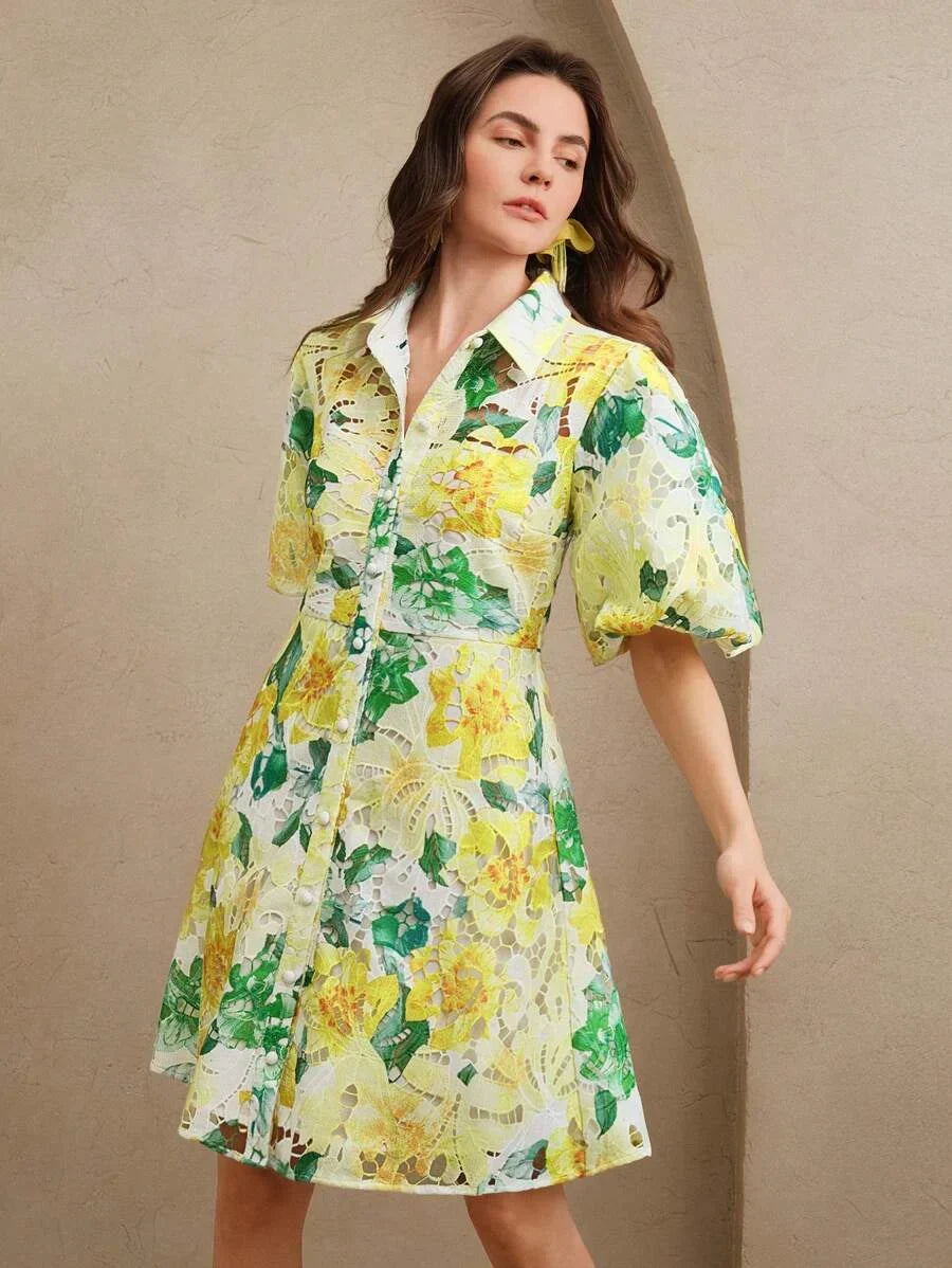 Lace Floral Print Puff Sleeve Shirt Collar Elegant Vacation Short Dress Valentines Day Summer