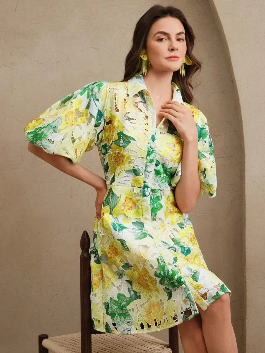 Lace Floral Print Puff Sleeve Shirt Collar Elegant Vacation Short Dress Valentines Day Summer