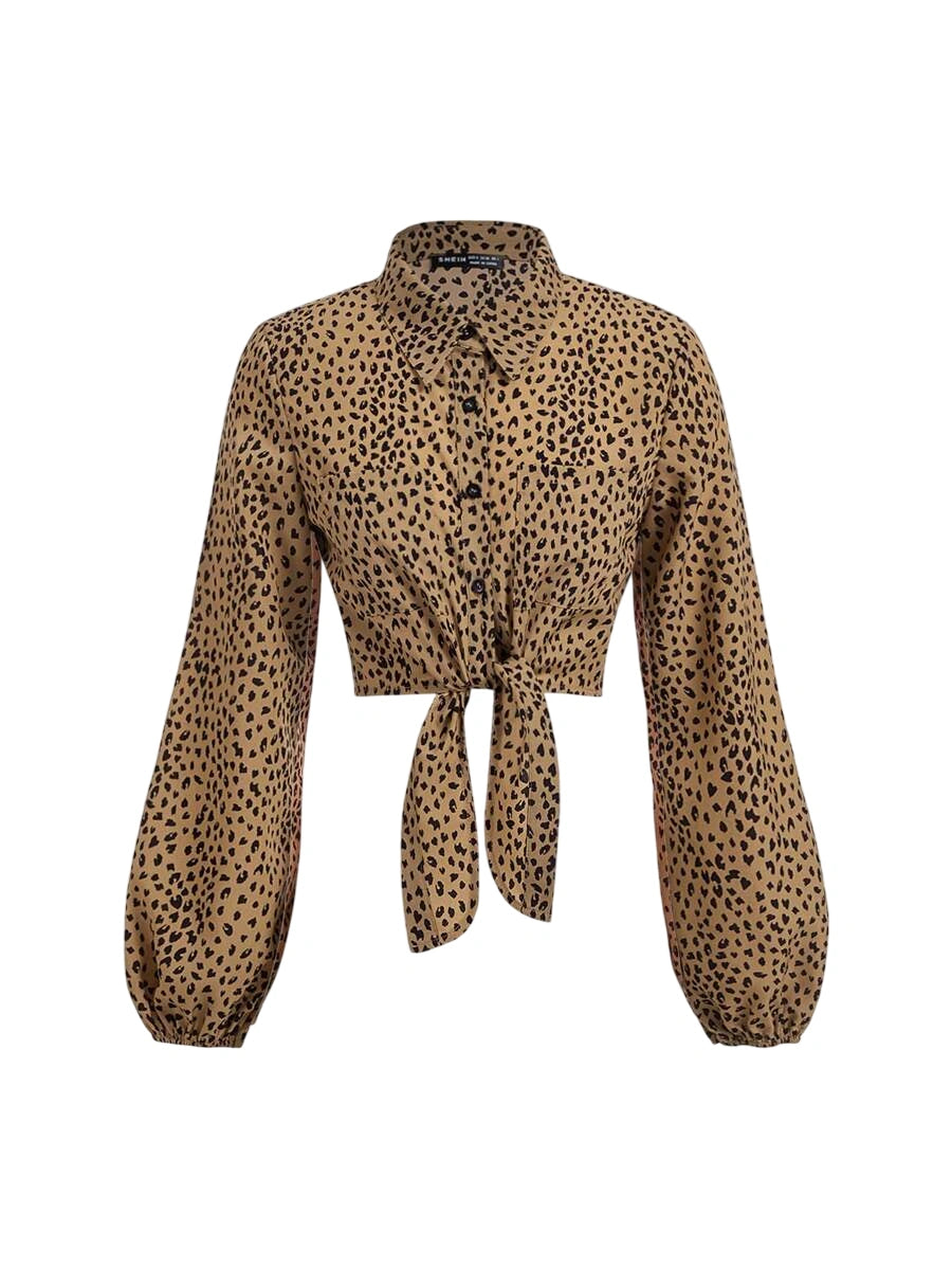 Leopard print blouse with long sleeves and tie-front detail