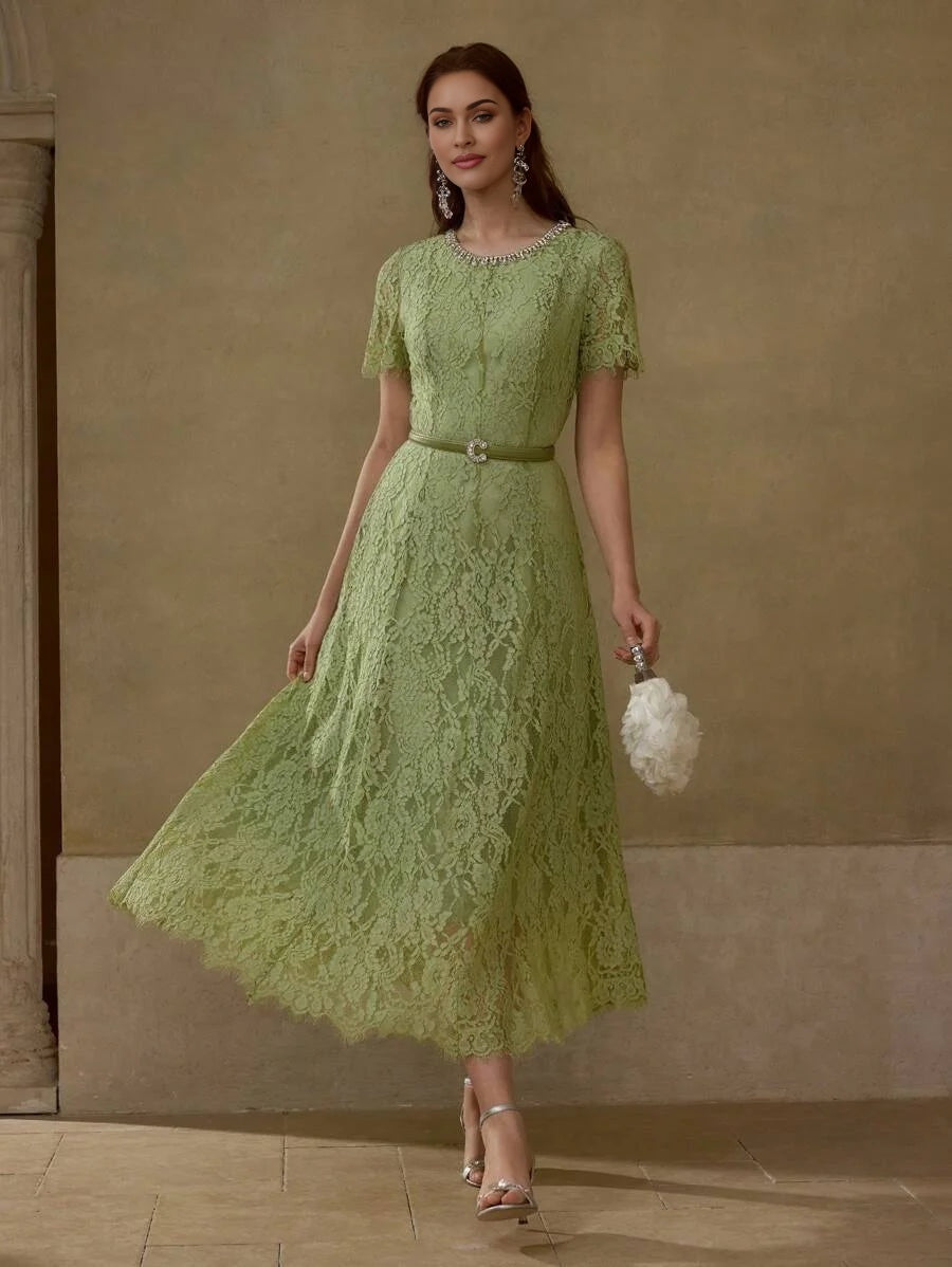 LACE OVERLAY RHINESTONE DETAIL FLARE HEM DRESS WITH BELT