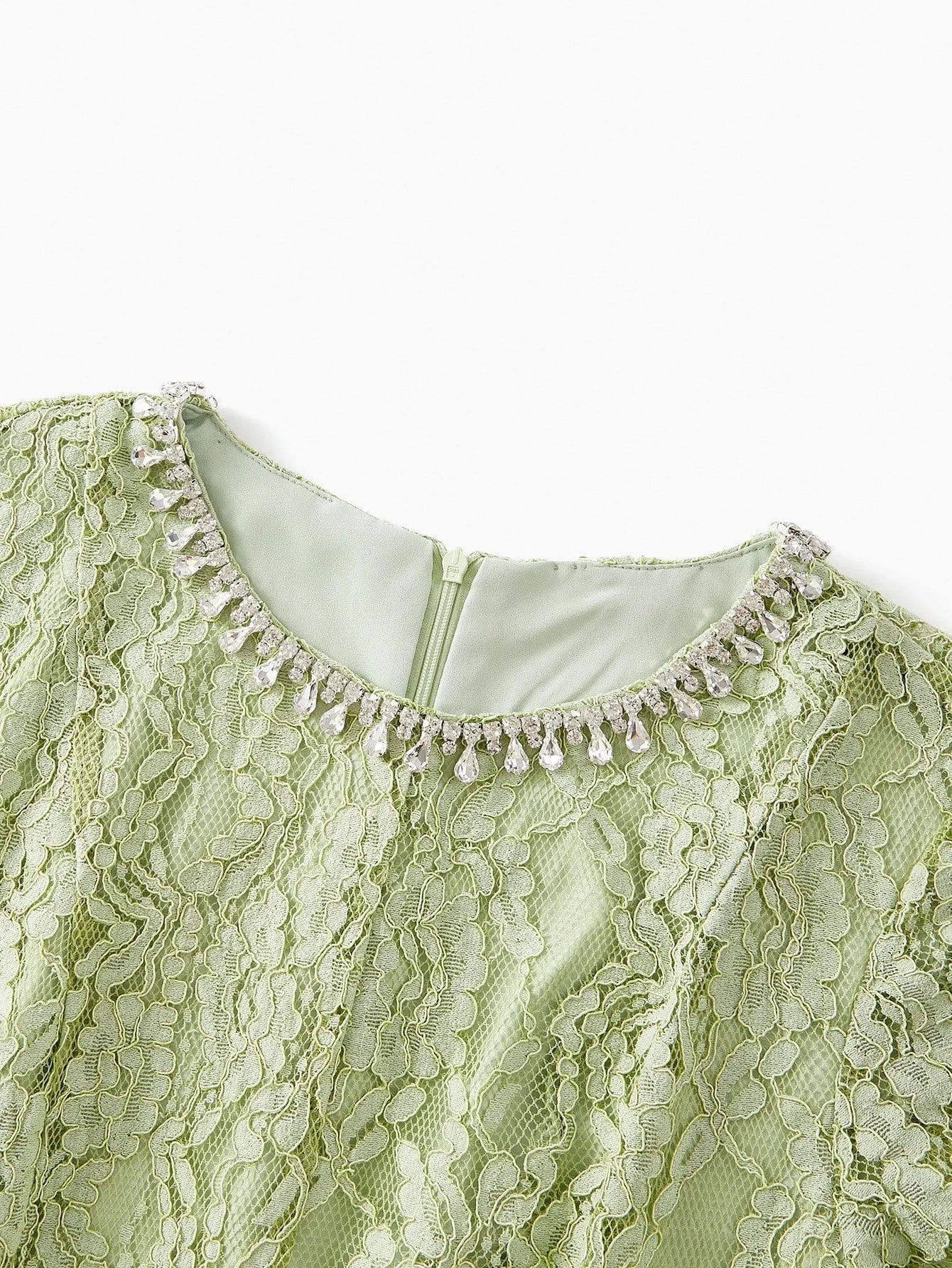 LACE OVERLAY RHINESTONE DETAIL FLARE HEM DRESS WITH BELT